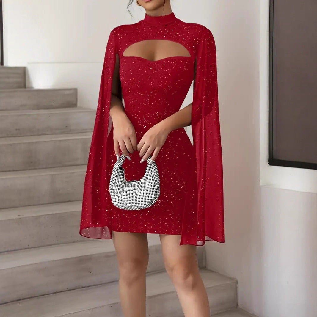 Chiffon cape lantern sleeve hip hugging dress