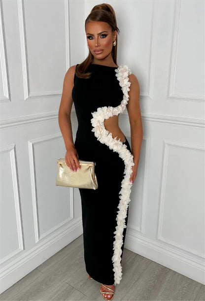 Sleeveless hollowed out side slit long floral dress