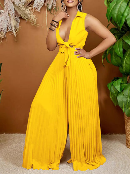 Full Size Tie Front Pleated Wide Leg Jumpsuit Plus Size