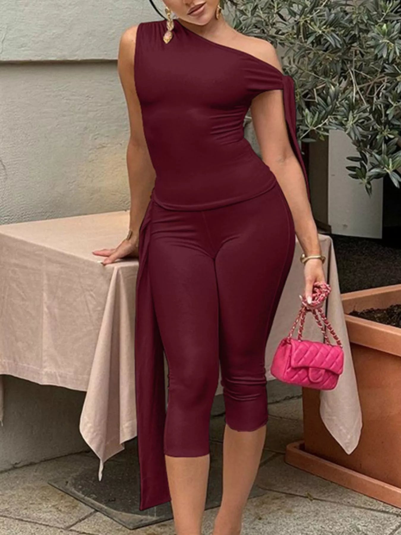 Asymmetrical One-Shoulder Top and Capris Set