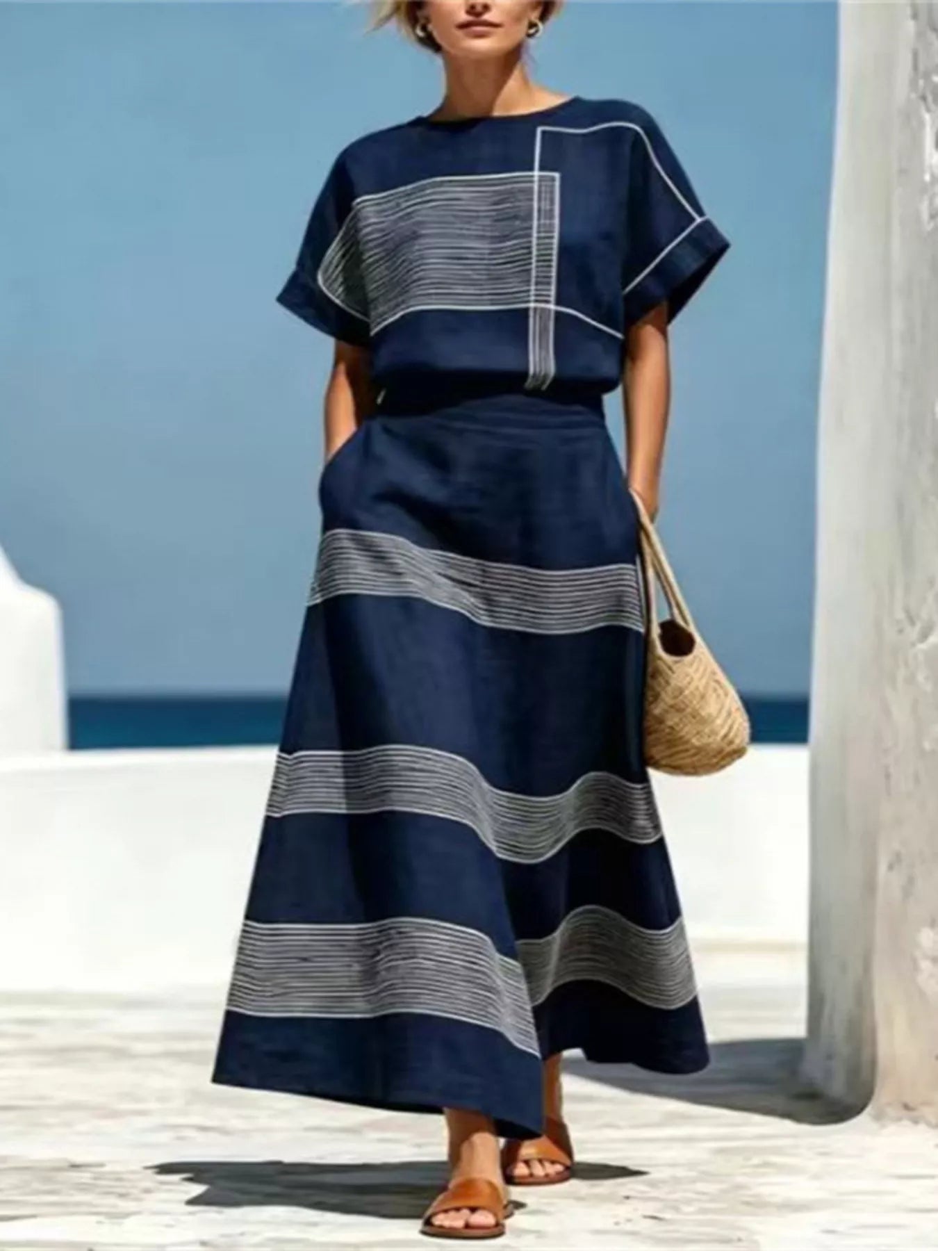 Full Size Striped Round Neck Top and Skirt Set Plus Size