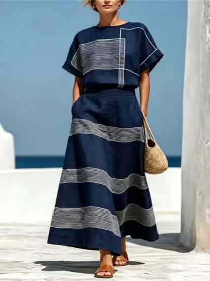 Full Size Striped Round Neck Top and Skirt Set Plus Size
