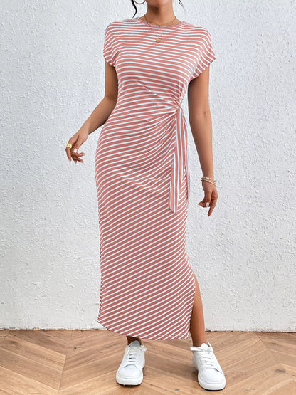 Striped Tie Side Casual Midi Dress