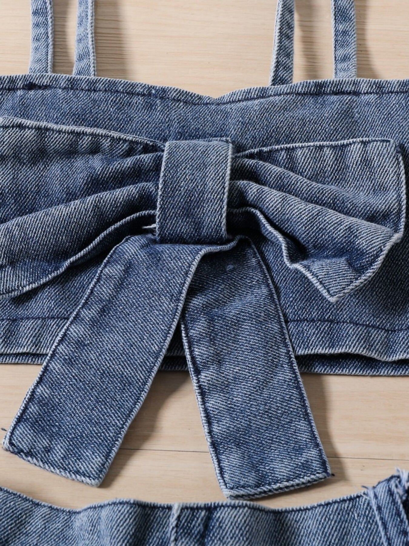 Children's Denim Bowknot Crop Top and Pleated Skirt Set