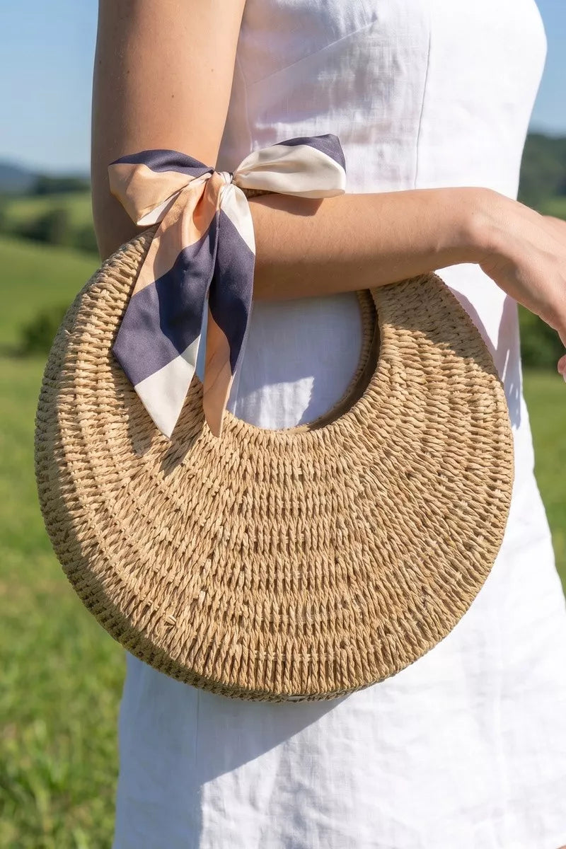 Fame Round Woven Straw Bag With Bow Scarf Accent