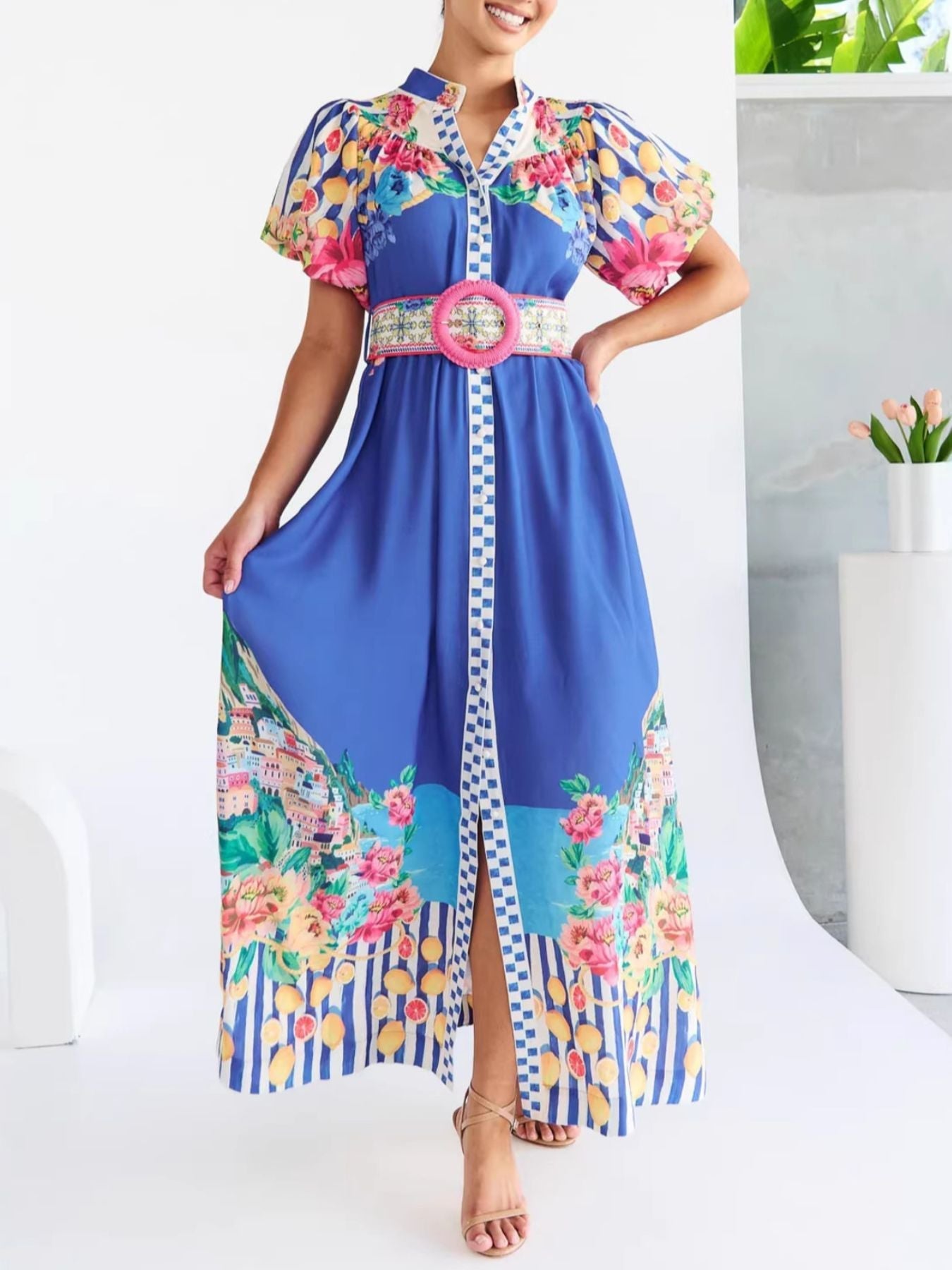 Printed Button Front Puff Sleeve Dress