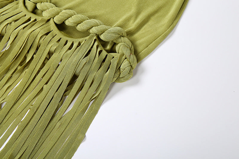 Tassel hanging neck backless solid color dress