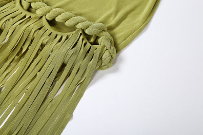 Tassel hanging neck backless solid color dress