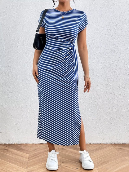 Striped Tie Side Casual Midi Dress