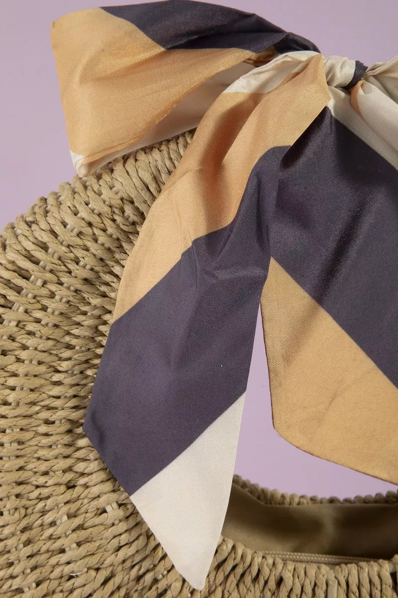 Fame Round Woven Straw Bag With Bow Scarf Accent