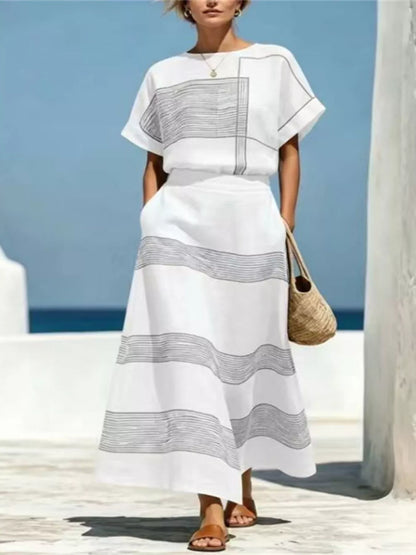 Full Size Striped Round Neck Top and Skirt Set Plus Size