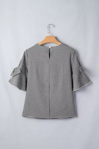 Gingham Bow Half Sleeve Blouse
