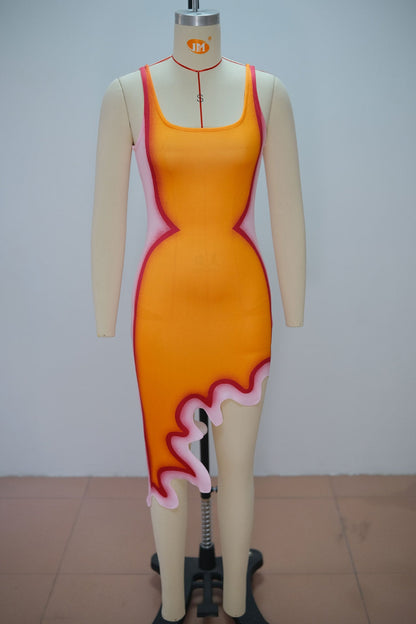 Strap vest printed irregular dress