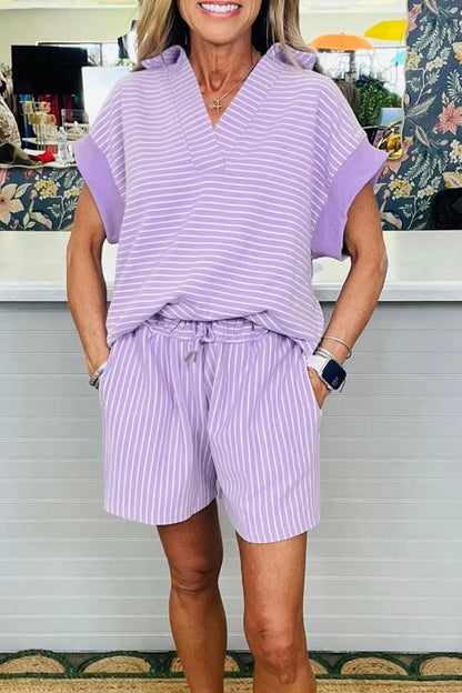 Stripe Polo Shirt and Drawstring Shorts Set
