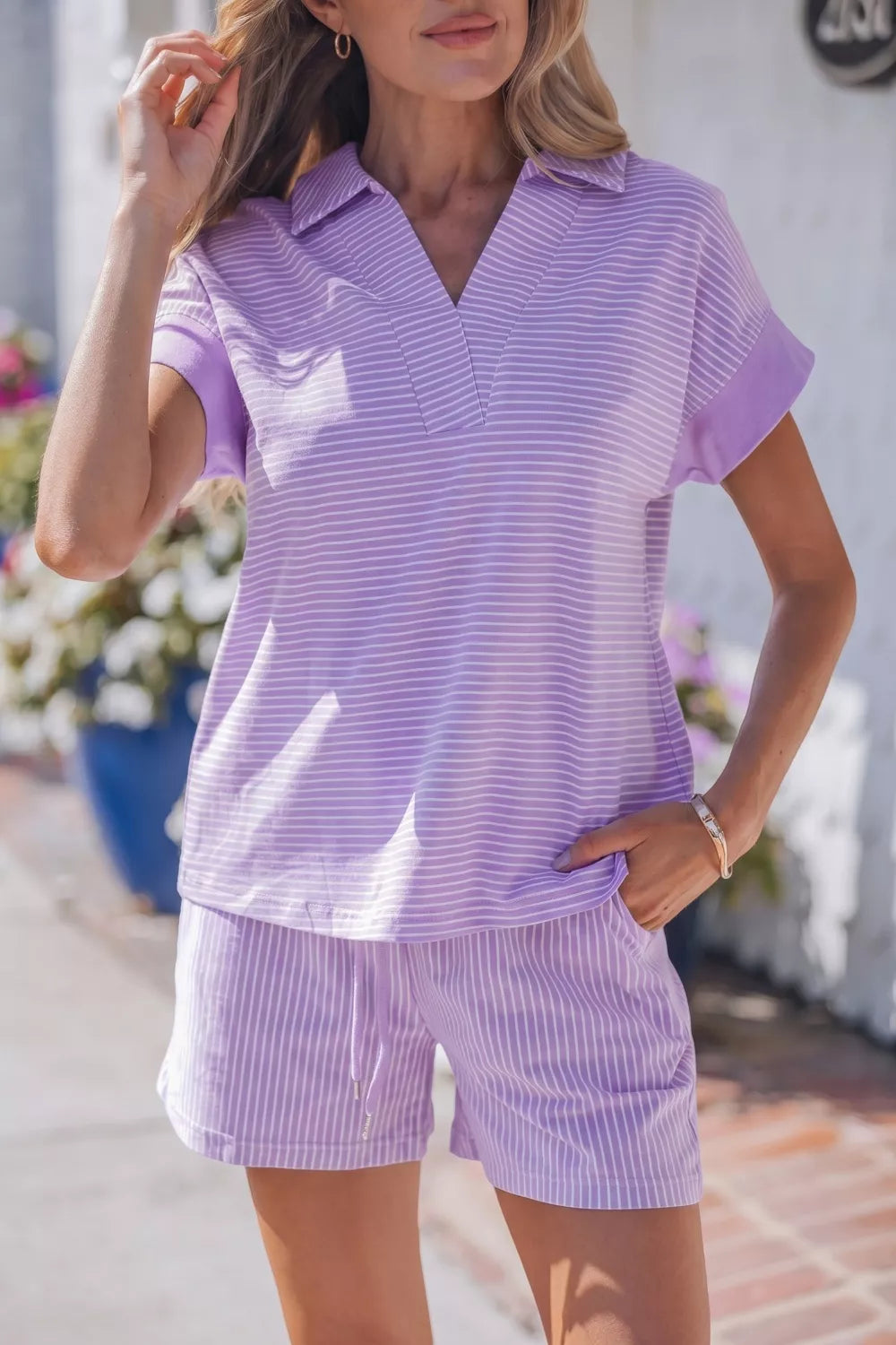 Stripe Polo Shirt and Drawstring Shorts Set