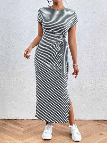 Striped Tie Side Casual Midi Dress