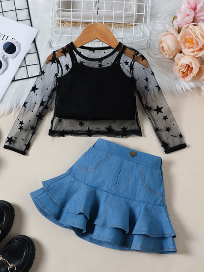 Children's Cami & Star Print Mesh Top & Ruffle Denim Skirt Set