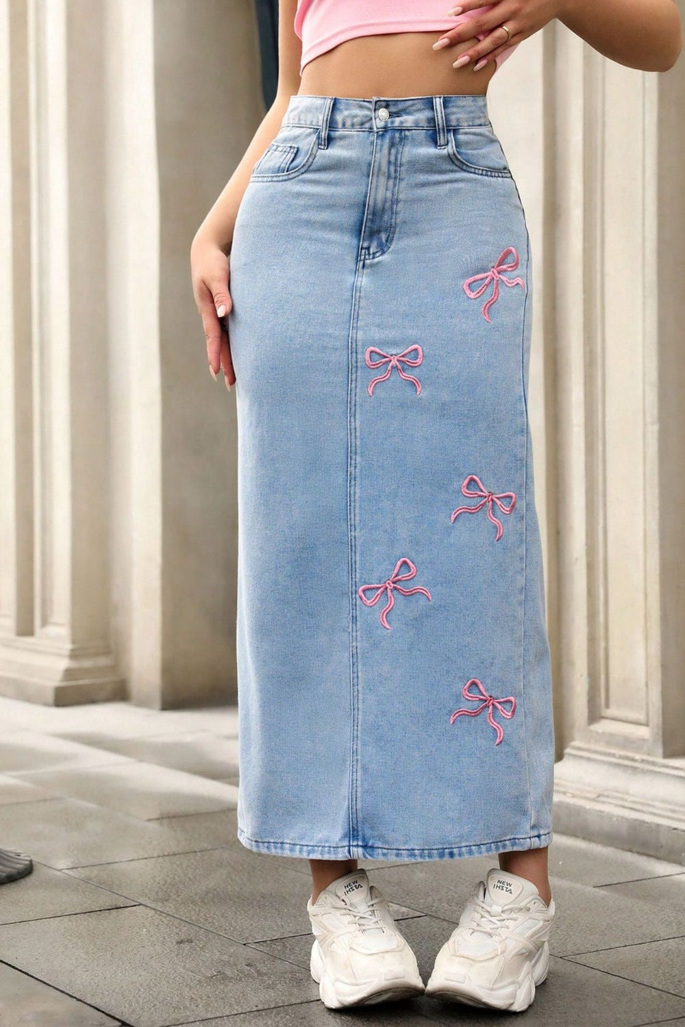 Bow-Embroidered Denim Skirt