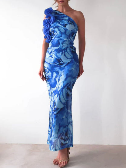 Floral Print One-Shoulder Dress
