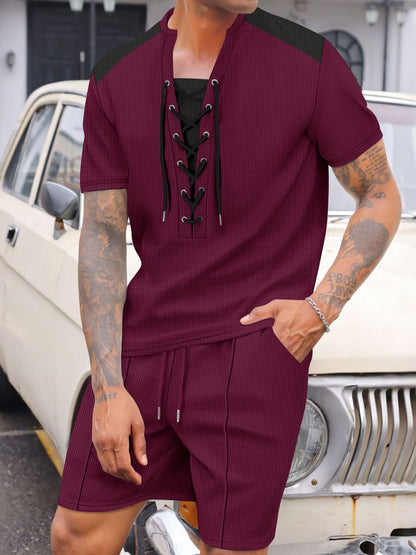 Men's Plus Size Lace-Up Knit Top Shorts Set