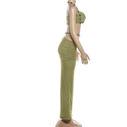 Sleeveless neck hanging small suspender high waisted hip hugging skirt