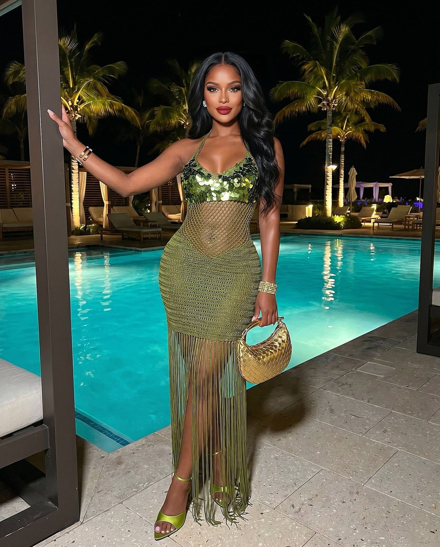 Knitted hand hook perspective sequin fringe strap beach skirt