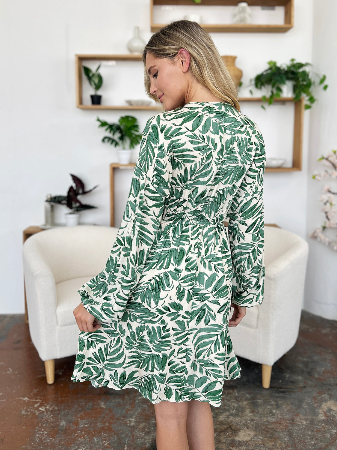 Printed Ruched Balloon Sleeve Dress