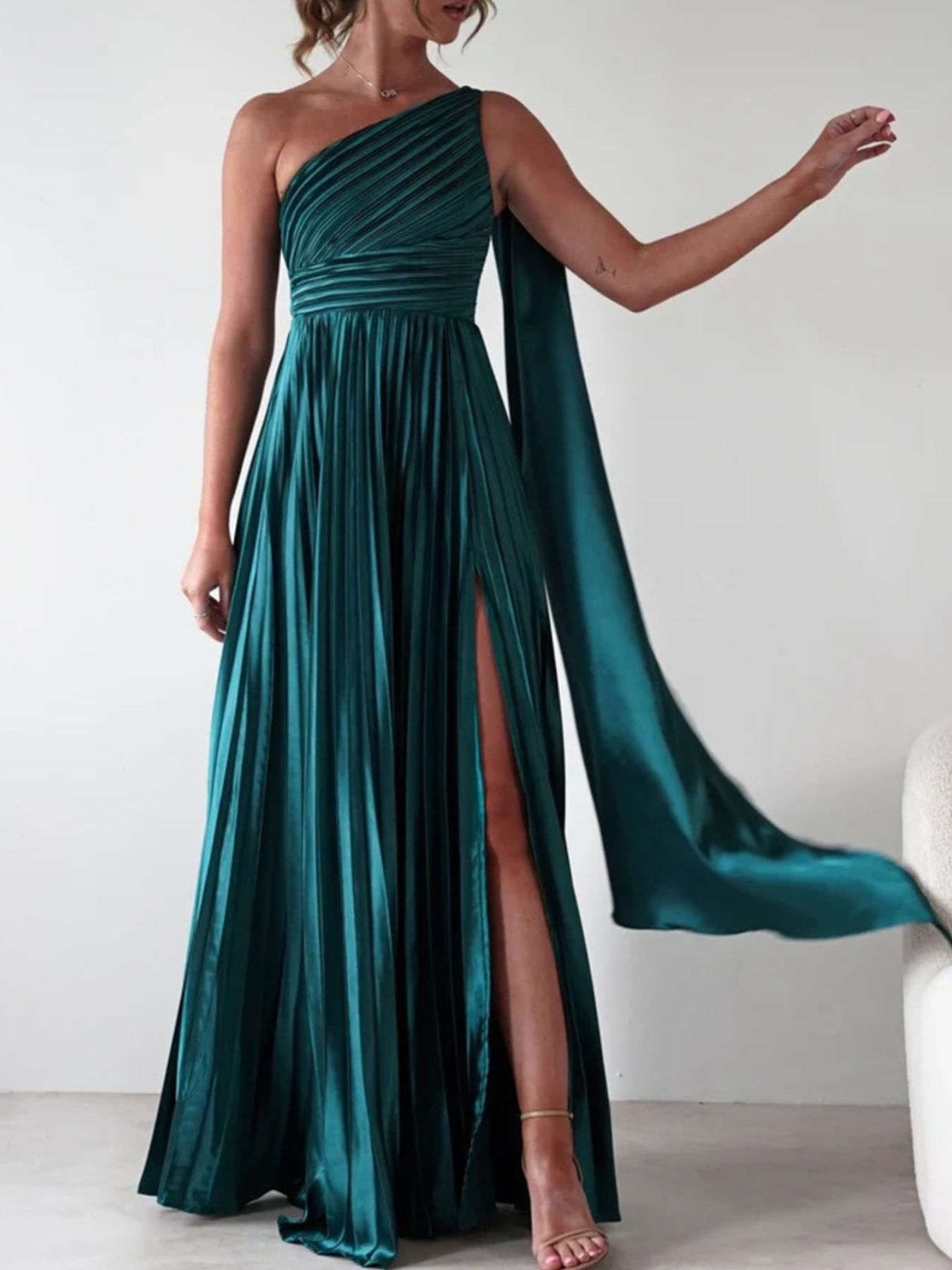 One-Shoulder Pleated Slit Dress