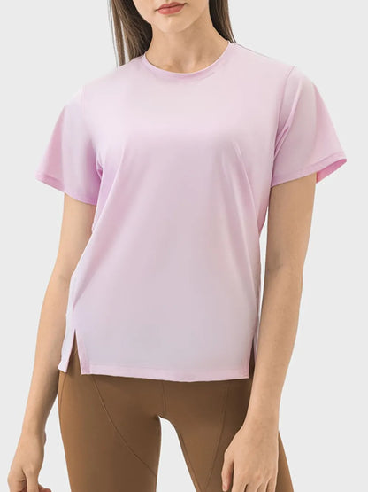 Millennia Slit Round Neck Short Sleeve Active T-Shirt