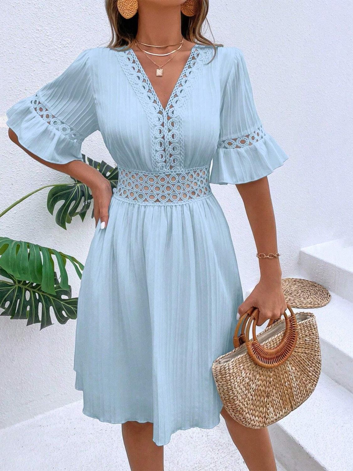 V-Neck Flounce Sleeve Mini Dress