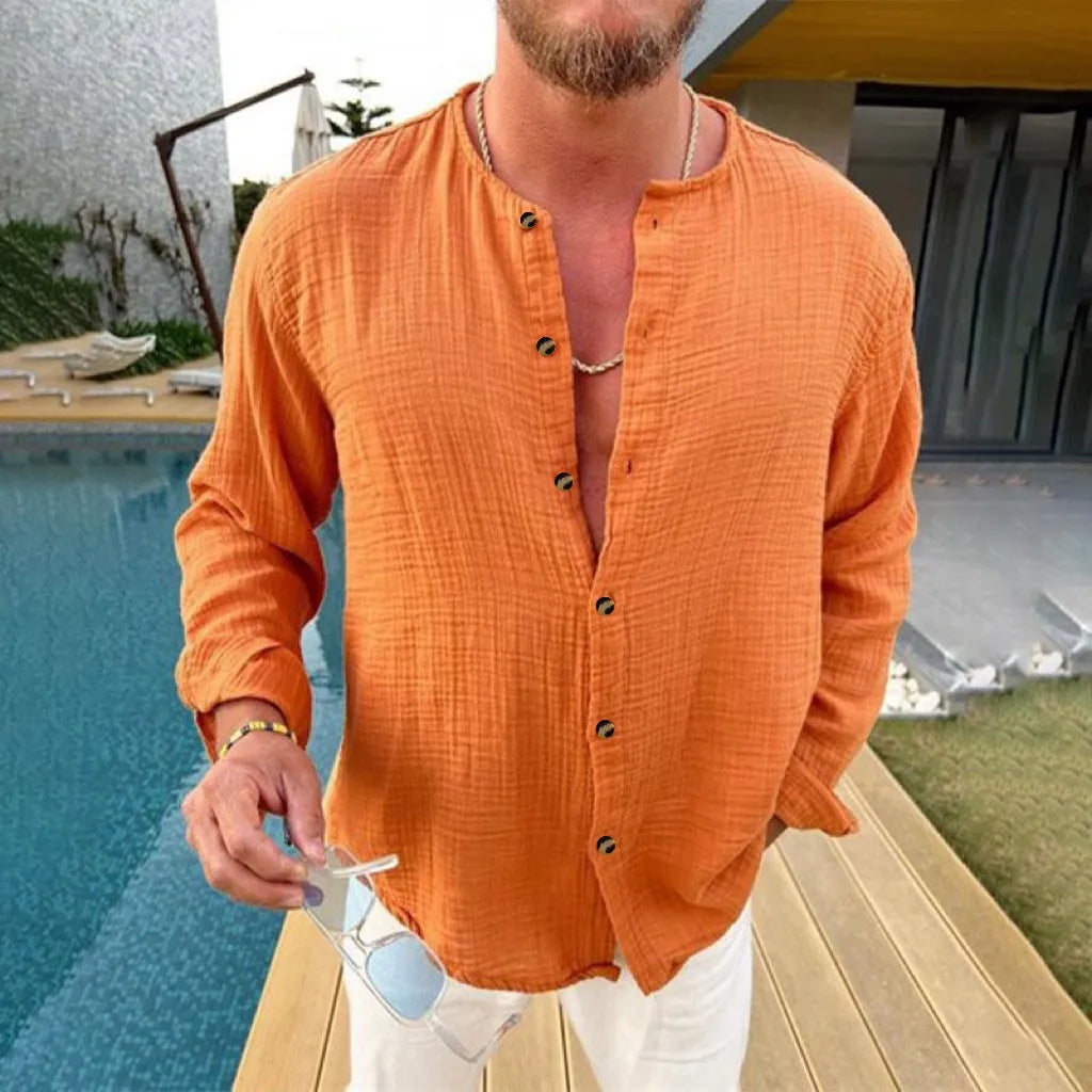 Men's Full Size Linen Button-Down Shirt