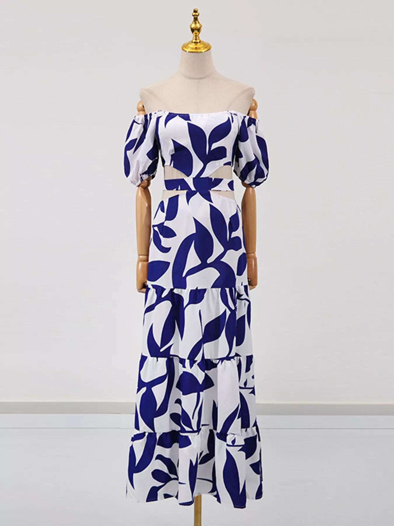 Off-Shoulder Cutout Leaf Print Dress