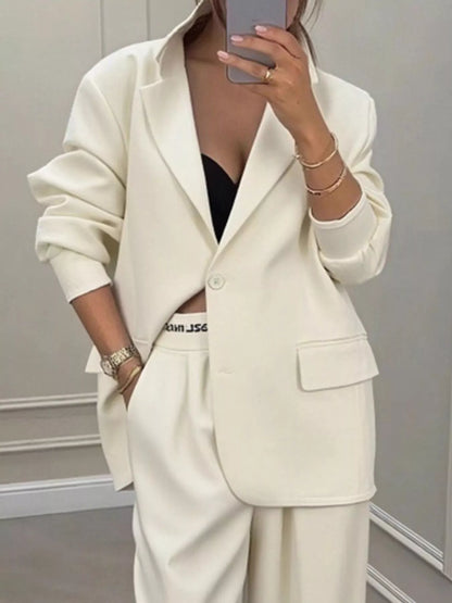 Full Size One Button Blazer & Wide Leg Pants Set Plus Size