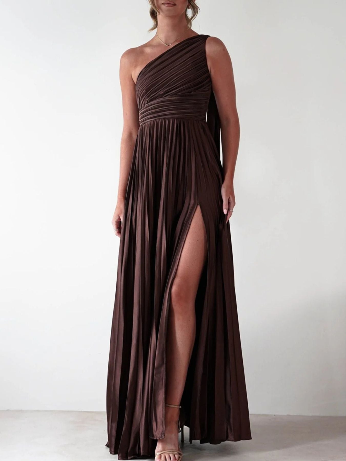 One-Shoulder Pleated Slit Dress