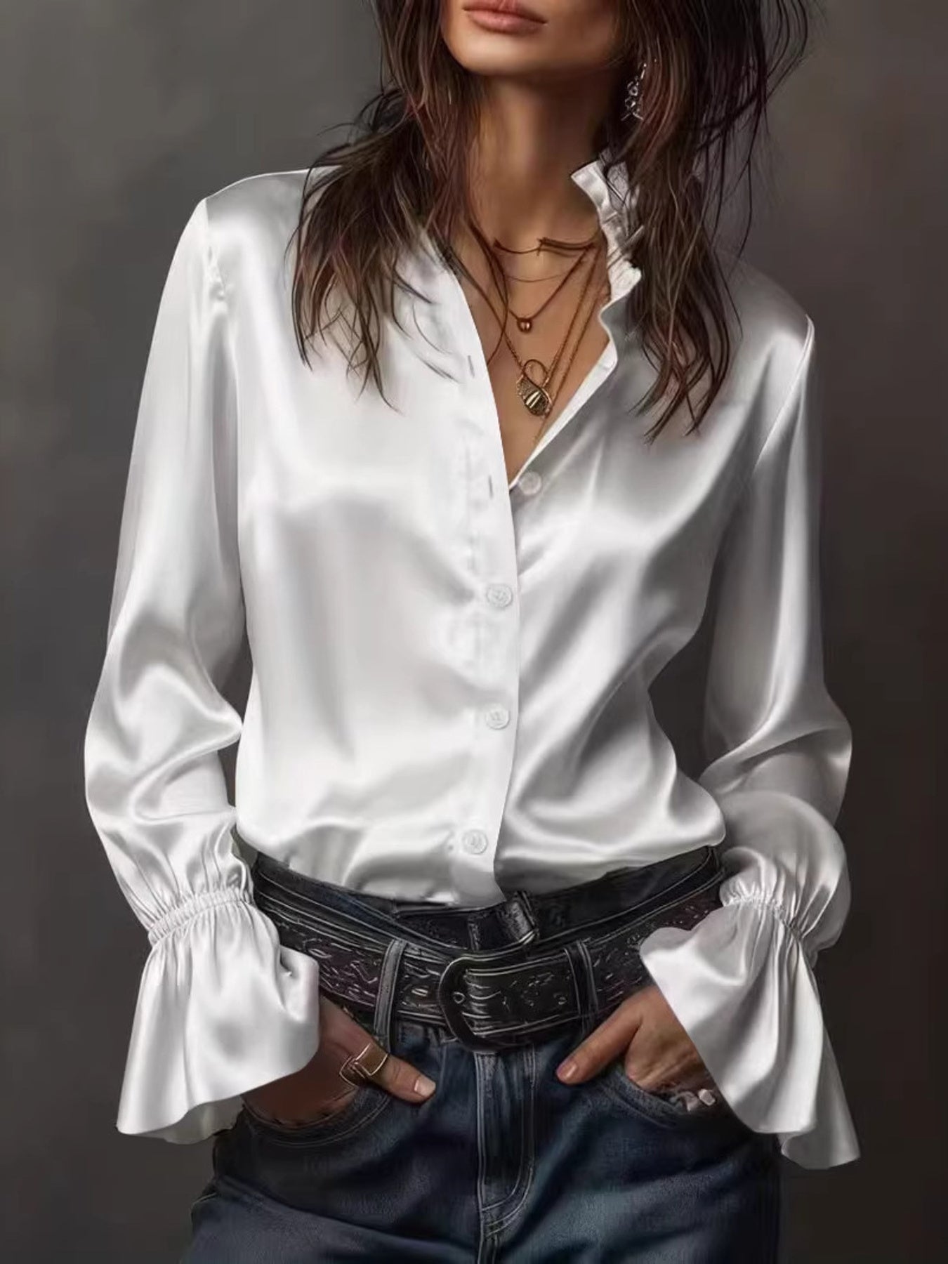 Button Up Flounce Sleeve Shirt