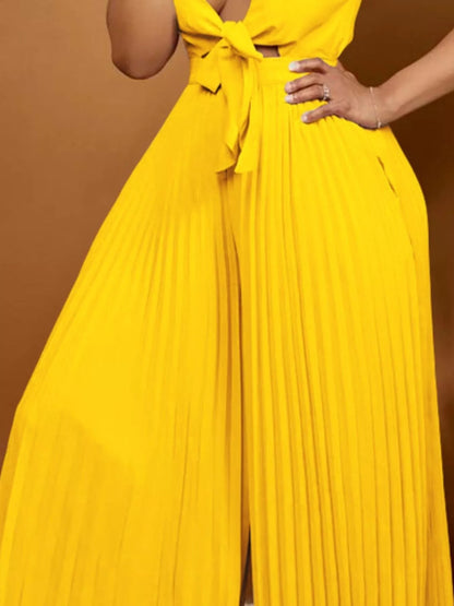 Full Size Tie Front Pleated Wide Leg Jumpsuit Plus Size