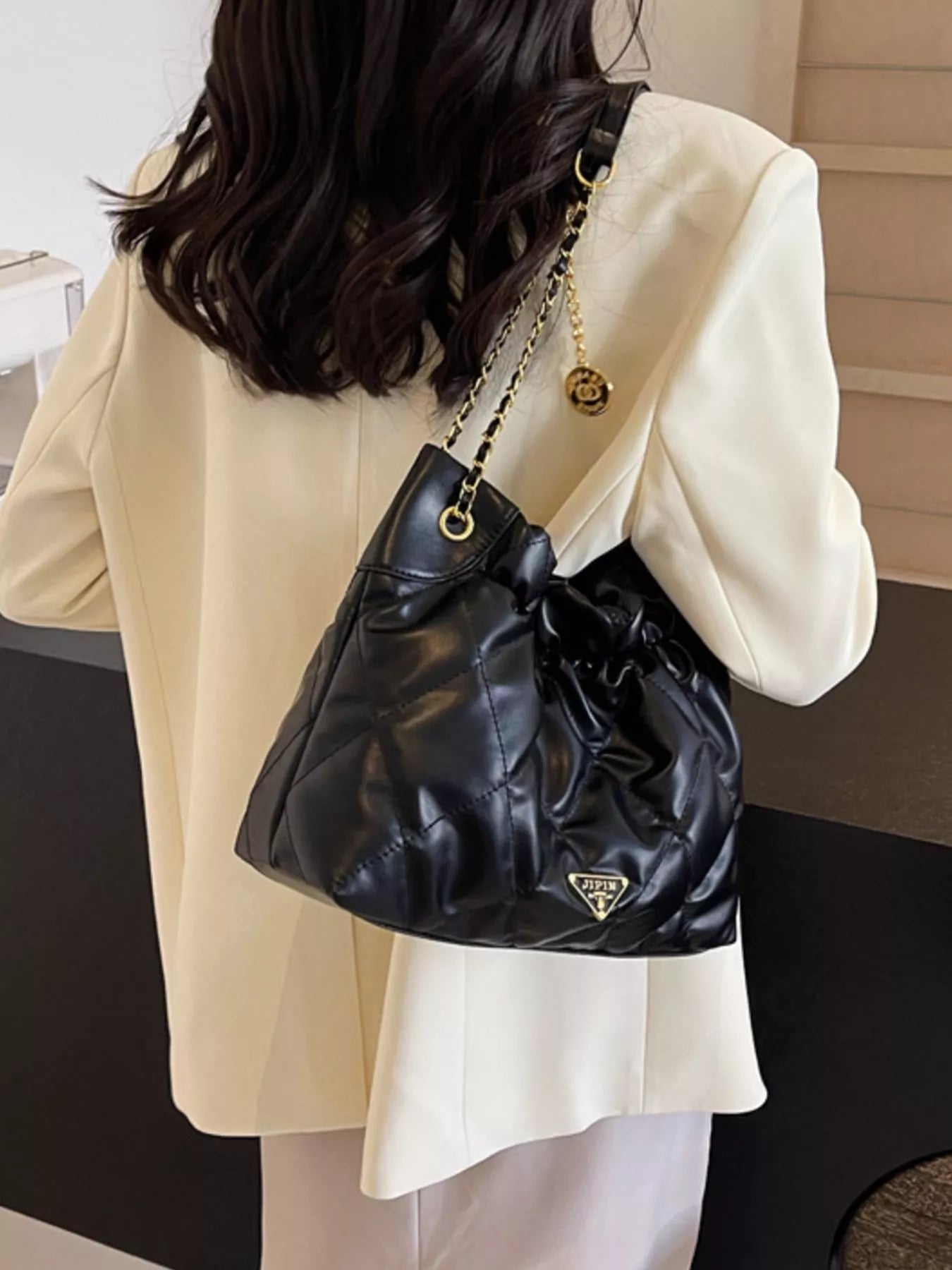 Ruched Leather Shoulder Bag