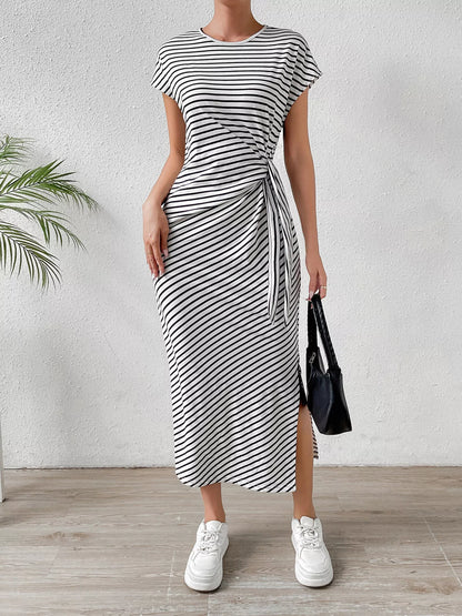 Striped Tie Side Casual Midi Dress
