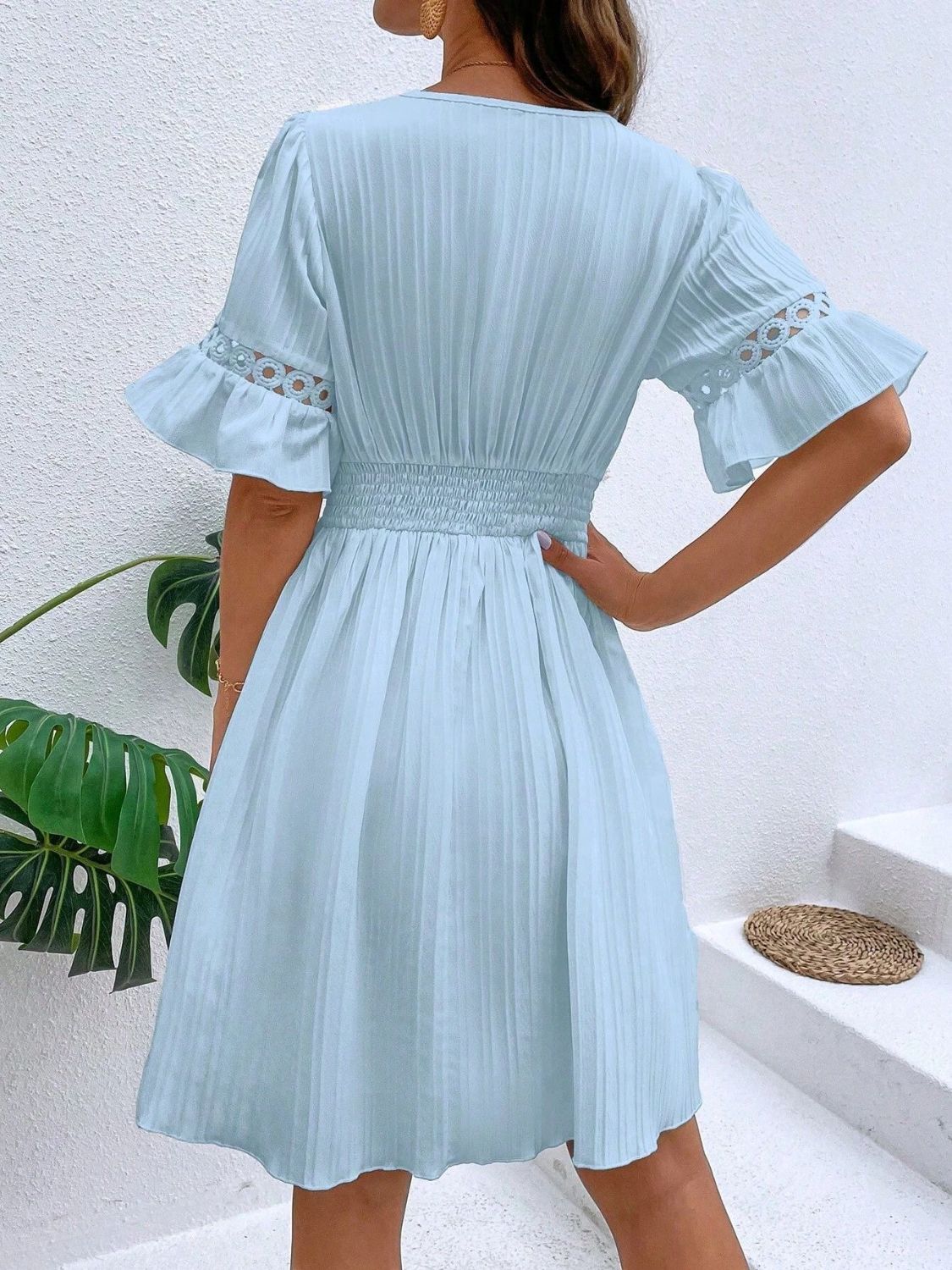 V-Neck Flounce Sleeve Mini Dress