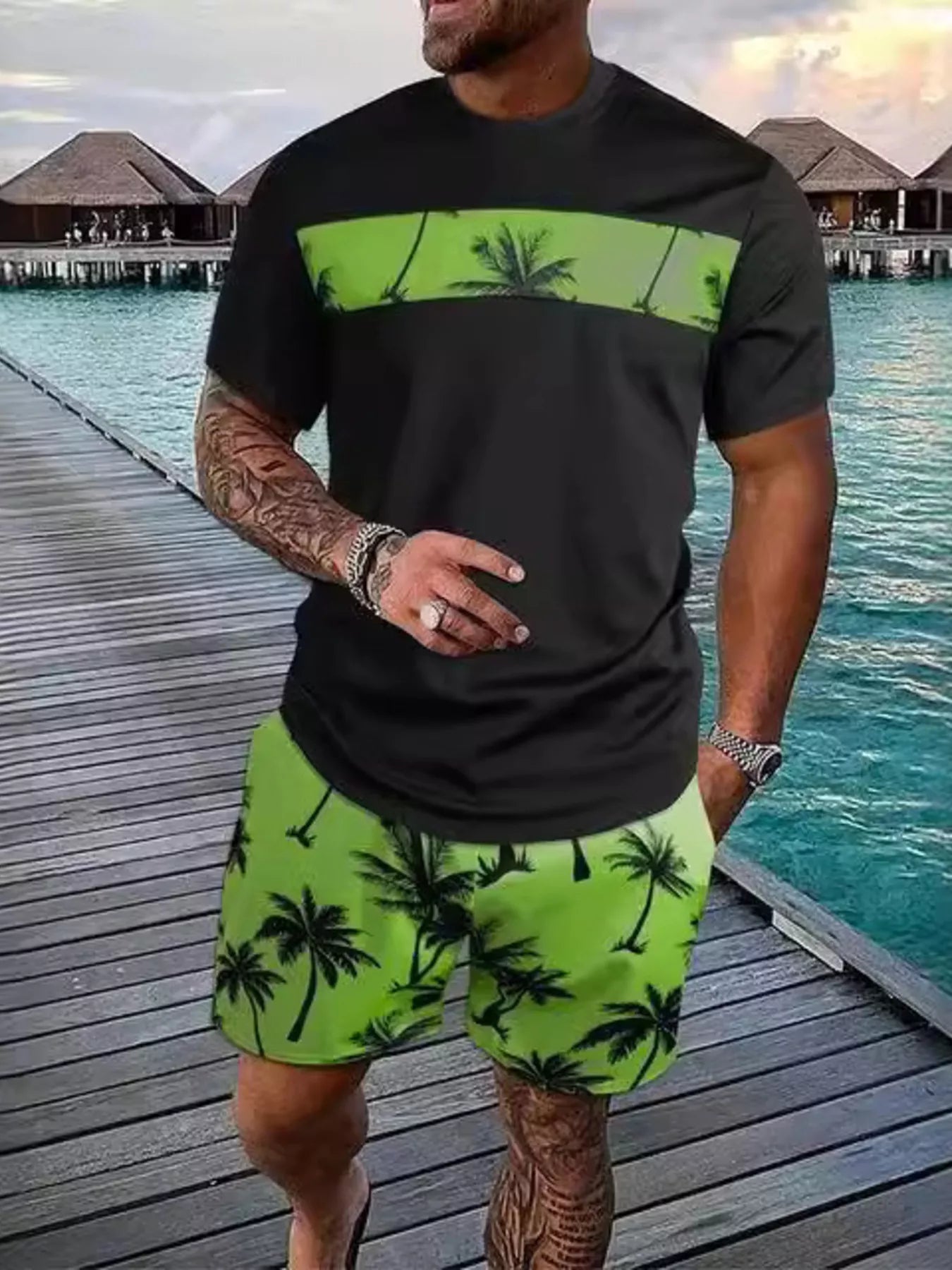 Men's Full Size Tropical Palm Tree Tee and Shorts Set Plus Size