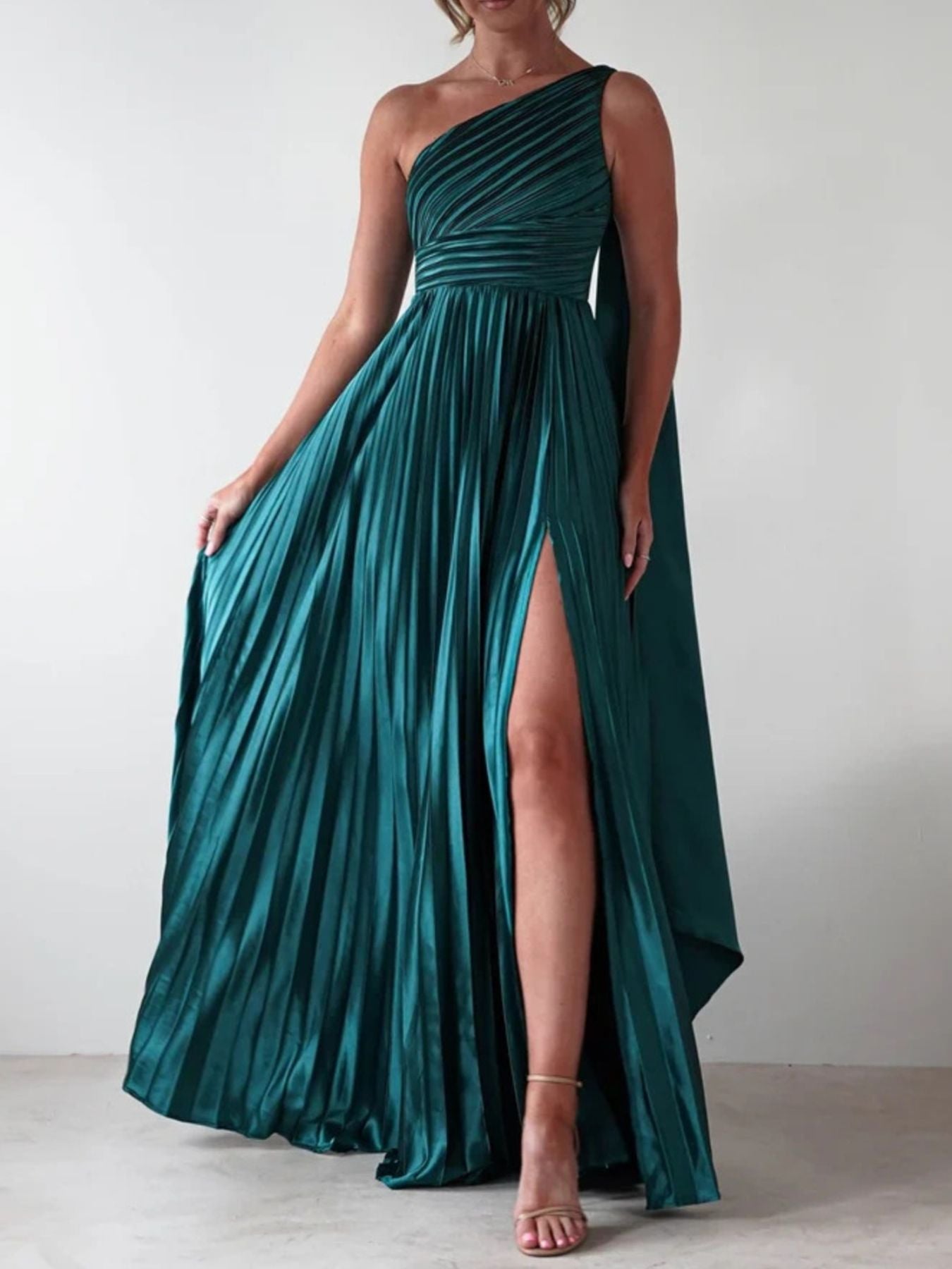 One-Shoulder Pleated Slit Dress