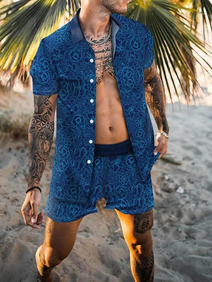 Men's Printed Collared Neck Short Sleeve Top and Shorts Set