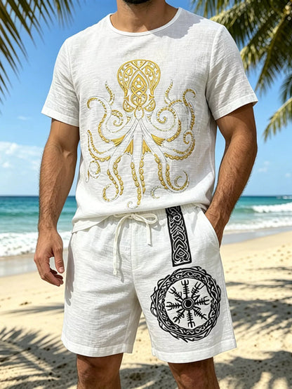 Men's Full Size Round Neck Tee and Shorts Set Plus Size