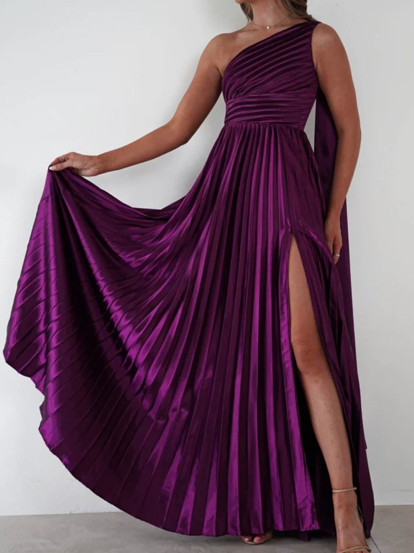 One-Shoulder Pleated Slit Dress