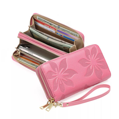 Floral Embossed Leather Zipper Wallet