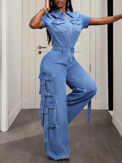 Zip Front Short Sleeve Denim Jumpsuit