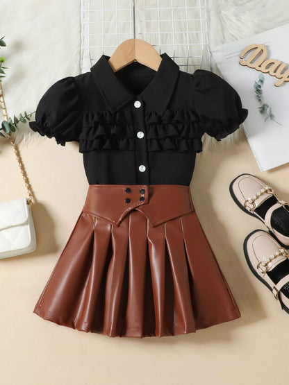 Children's Ruffle Trim Puff Sleeve Top & Pleated Skirt Set