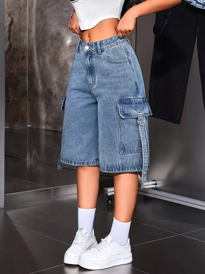Loose Fit Cargo Denim Capris
