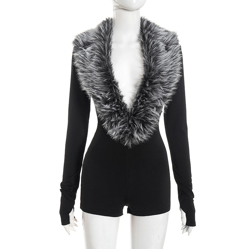 Fur-lined figure-hugging bodysuit shorts
