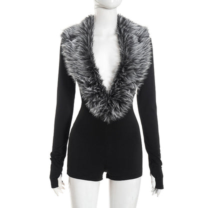 Fur-lined figure-hugging bodysuit shorts